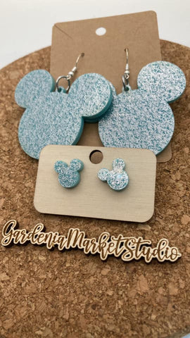 0000 Light Blue Glitter Acrylic Mickey Earrings - Dangle & Post - Mommy & Me