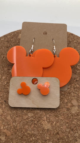 0000 Orange Acrylic Mickey Earrings - Dangle & Post - Mommy & Me