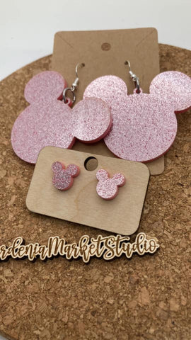 0000 Light Pink Glitter Acrylic Mickey Earrings - Dangle & Post - Mommy & Me