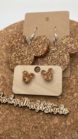 0000 Old Gold Glitter Acrylic Mickey Earrings - Dangle & Post - Mommy & Me