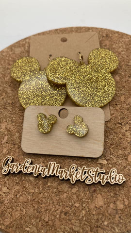 0000 Gold Glitter Acrylic Mickey Earrings - Dangle & Post - Mommy & Me