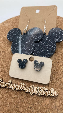 0000 Black Sparkle Acrylic Mickey Earrings - Dangle & Post - Mommy & Me