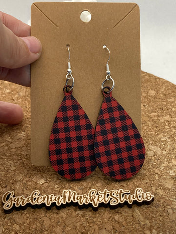 Red and Black Buffalo Plaid Teardrop Dangle Earrings