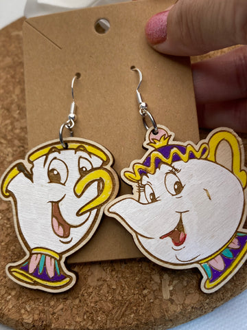 D166 Mrs Potts and Chip Dangle Earrings