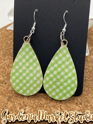 Green Plaid Covered Teardrop Dangle Earrings