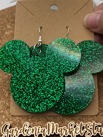 0000 Green Glitter Acrylic Mickey Earrings - Dangle & Post - Mommy & Me