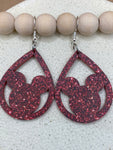 D330 Mouse in Teardrop - Red Glitter - Acrylic Dangle Earrings