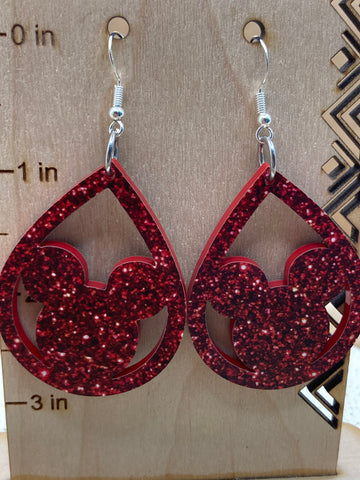 D330 Mouse in Teardrop - Red Glitter - Acrylic Dangle Earrings